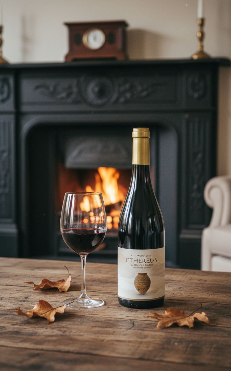 Una botella de Ethereus Petit Verdot y una copa de vino junto al fuego de una chimenea